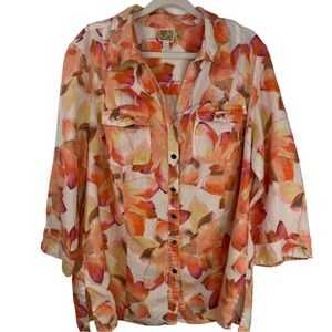 JM Collection Women’s 3/4 Sleeve White/pink Floral Button Up Linen Top Size 16